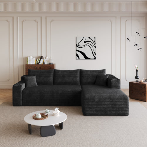 95 inch  Black Plush Corduroy U-Shaped Cloud Modular Corner Sofa, No Assembly