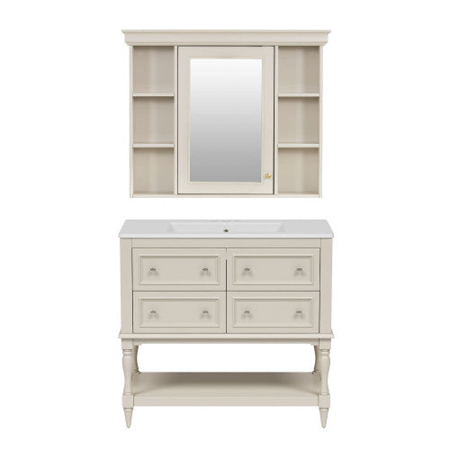 36'' Bathroom Vanity with Medicine Cabinet, Modern Mirror Cabinet with Adjustable Shelf, Bathroom Storage Cabinet with 4 Drawers, Solid Wood Frame Bathroom Storage Cabinet
