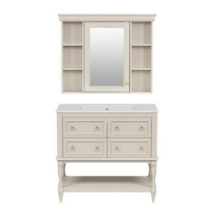 36'' Bathroom Vanity with Medicine Cabinet, Modern Mirror Cabinet with Adjustable Shelf, Bathroom Storage Cabinet with 4 Drawers, Solid Wood Frame Bathroom Storage Cabinet