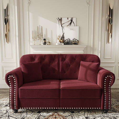 63 inch  Burgundy Mid-Century Velvet Sofa, Nailhead Trim, Rolled Arms, 2 Pillows