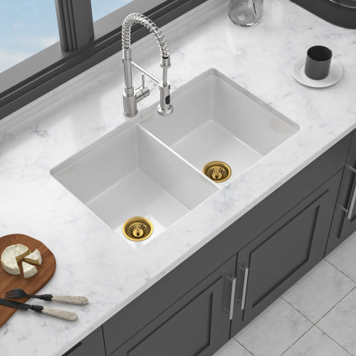 32"x19"x10" Undermount Double Bowl Porcelain Fireclay Kitchen Sink - Dual Mount White Fireclay Rectangular Deep Double Bowl Sink Basin