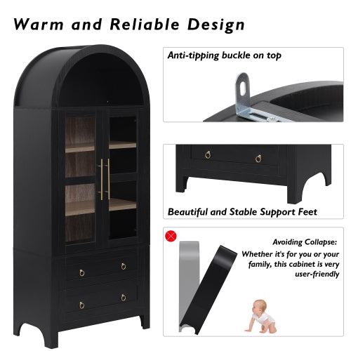 71 Inch Black Arched Glass Door Kitchen Pantry Storage Cabinet