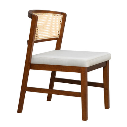 Rattan Dining Chairs Set of 2, Upholstered Kitchen Side Chairs with Curved Cane Back & Rubber Wood Frame