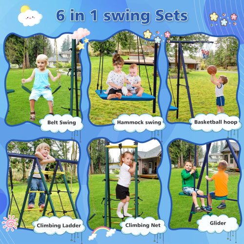 6 in 1 Swing Set With Climbing Ladder, Climbing Net, Glider, Hammock Swing, Belt Swing, Basketball hoop for Backyard