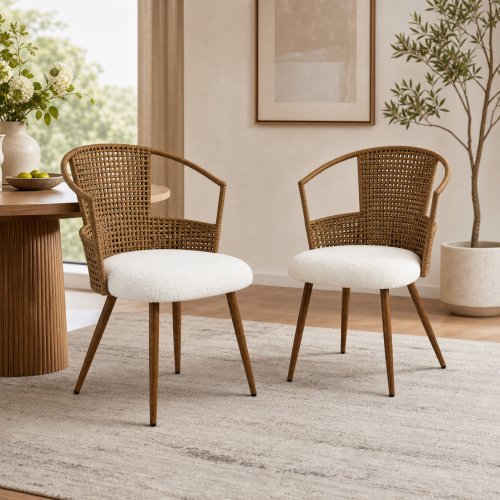 PE Rattan Dining Armchairs with Teddy Seats, Set of 2, Beige/Brown