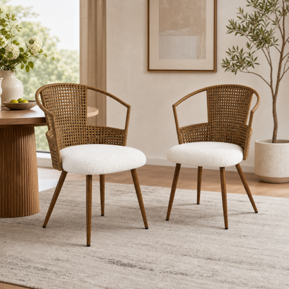PE Rattan Dining Armchairs with Teddy Seats, Set of 2, Beige/Brown