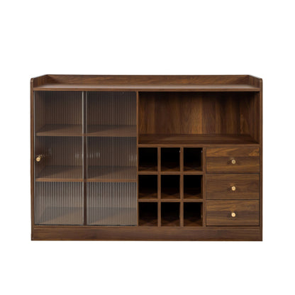 Double Sliding Striped Glass Door Sideboard Wooden Freestanding Storage Cabinet Wine Cabinet For Home Garage Use