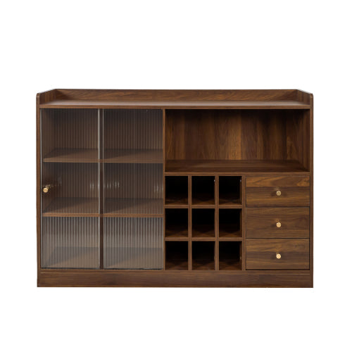 Double Sliding Striped Glass Door Sideboard Wooden Freestanding Storage Cabinet Wine Cabinet For Home Garage Use