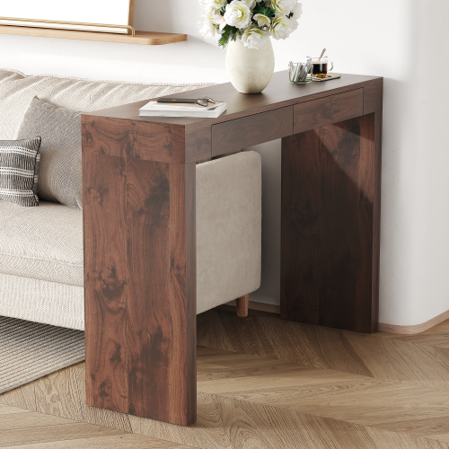 Elegant natural walnut wood grain bar table -50 inches long, a practical choice for modern home decor. Walnut wood grain texture veneer, equipped with double drawers, can be used as both a bar counter
