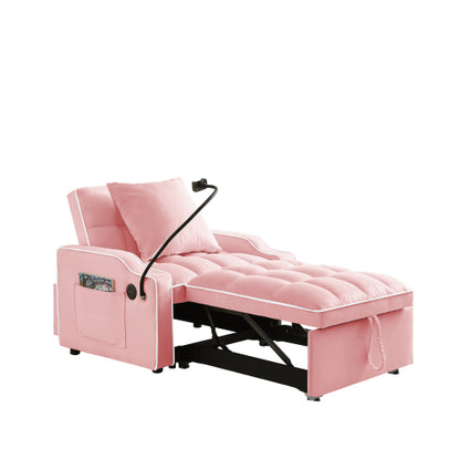 Pink 3-In-1 Convertible Sleeper Chair Bed with USB & Type-C Port