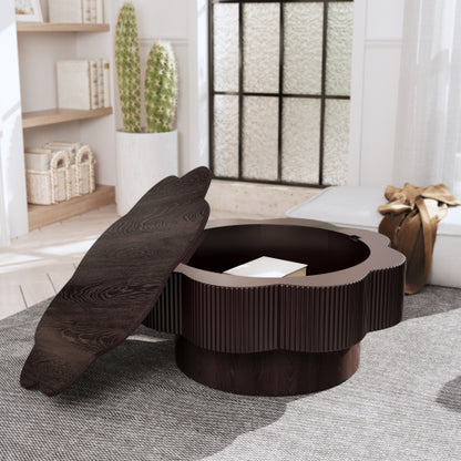 31.5inch  Flower Shaped Coffee Table with Storage Wood Veneer Dark Brown
