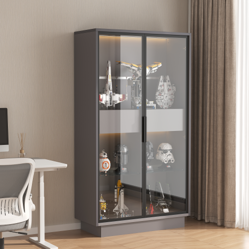 60.6'' Freestanding Grey Glass Door Display Cabinet LED Light Adjustable Shelves Home Storage Cabinet