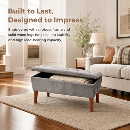 42 inch Linen Ottoman Bench with Solid Wood Tapered Legs