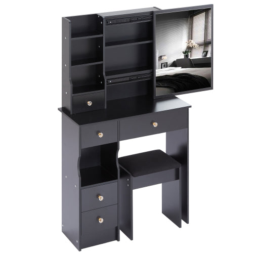 29.2" Small Space Left Drawer Desktop Vanity Table + Cushioned Stool, Extra Large Right sliding mirror, Multi Layer High Capacity Storage, Practical Fashionable Dresser, Suitable For Small Space