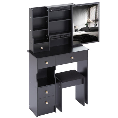 29.2" Small Space Left Drawer Desktop Vanity Table + Cushioned Stool, Extra Large Right sliding mirror, Multi Layer High Capacity Storage, Practical Fashionable Dresser, Suitable For Small Space