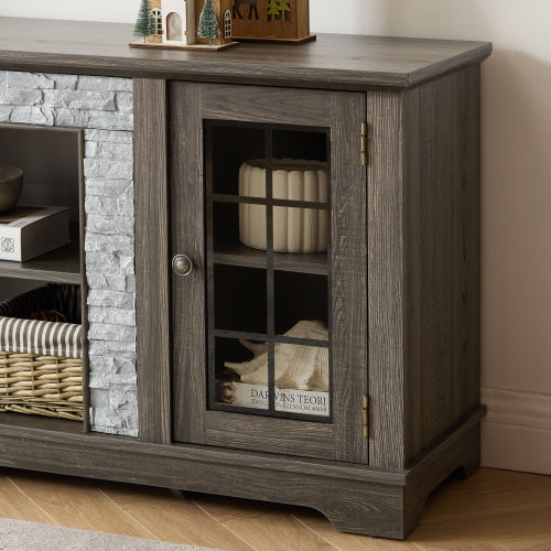 58 Inch Grey Faux Stone Two-Door TV Media Console Adjustable Shelves 6 Cable Holes Fits TVs Up To 65 Inch