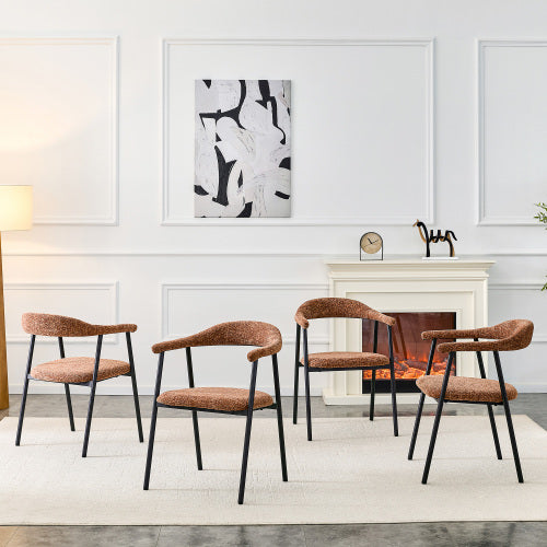 Fabric Upholstered Dining Chairs with Black Metal Legs, Set of 4, Caramel
