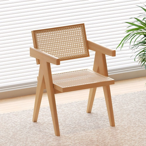 Modern Mid Century Rattan Accent Dining Chair with Armrests, Wood Finish for Living Room & Dining Room