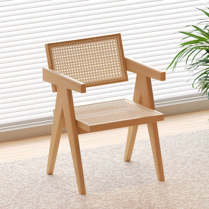 Modern Mid Century Rattan Accent Dining Chair with Armrests, Wood Finish for Living Room & Dining Room