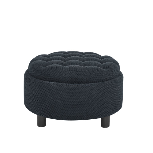 25 Inch Round Storage Ottoman, Black Tufted Fabric