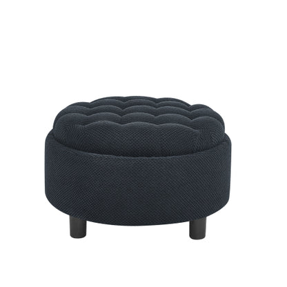 25 Inch Round Storage Ottoman, Black Tufted Fabric