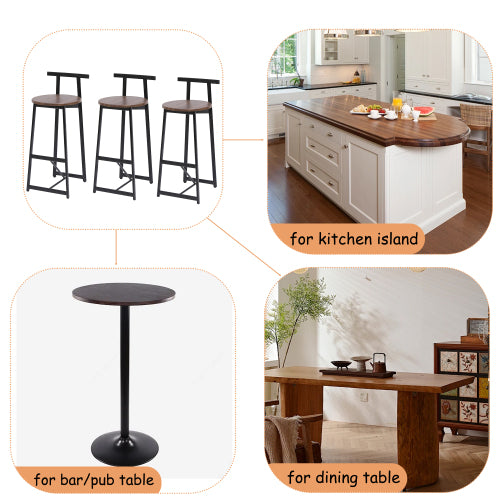 Bar Stool Set of 3 Counter Height Barstools with Back Armless Dining Chairs for Kitchen Island (Black & Walnut Brown)