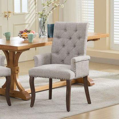 Upholstered Chenille Arm Dining Chair, Tufted Accent Chair with Curved Solid Wood Legs, Beige, Single Pack
