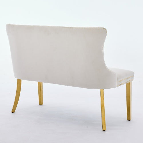 Velvet Double Dining Loveseat Bench, Kitchen & Dining Seating, 2-Seat Tufted Bench w/Handmade Buttons, Wing Back, Gold-Plated Steel Legs, Mid Century Modern,Single Pack,Beige