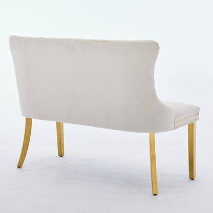 Velvet Double Dining Loveseat Bench, Kitchen & Dining Seating, 2-Seat Tufted Bench w/Handmade Buttons, Wing Back, Gold-Plated Steel Legs, Mid Century Modern,Single Pack,Beige