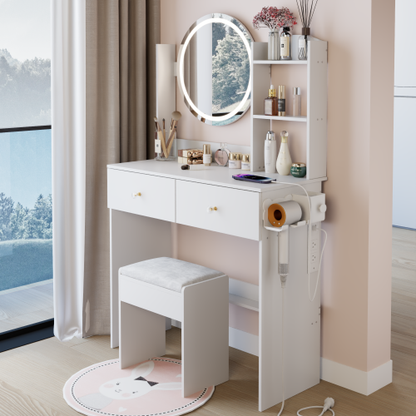 White 17 inch  Round LED Vanity Table + Cushion Stool, 2 AC + 2 USB, Touch Switch, 3 Colors, Large Desktop