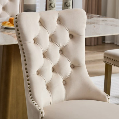 Mid-Century Modern Velvet Dining Chairs Set of 2 with Lion Head Pull Ring, Tufted Upholstered Chair, Beige