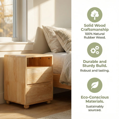 20inch Modern Nightstand with 2 Drawers And Shelves Solid Wood Night Stand with Charger Station Mid Century Bedside Table Curved Wood Side Table for Bedroom Living room