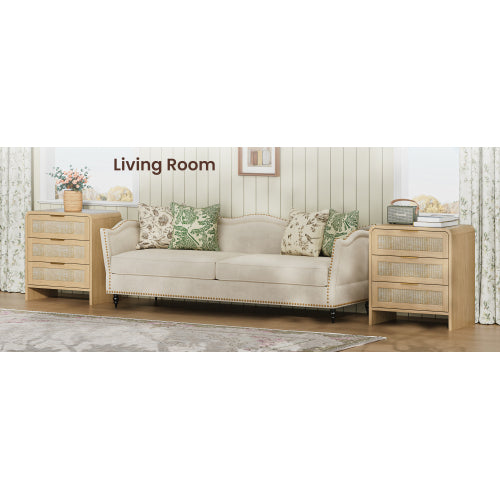 Rattan Nightstand 3 Drawers, 22.8inch  Wide Curved Wooden Bedside Table, Modern Storage for Bedroom, Natural Oak.