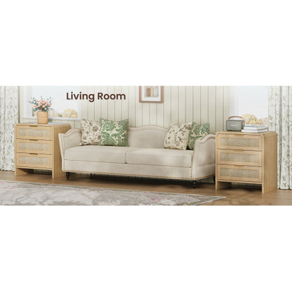 Rattan Nightstand 3 Drawers, 22.8inch  Wide Curved Wooden Bedside Table, Modern Storage for Bedroom, Natural Oak.