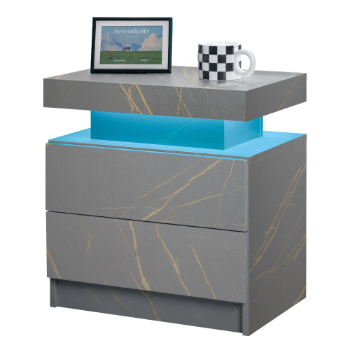 Nightstand LED Bedside Table Cabinet Lights Modern End Side with 2 Drawers for Bedroom (Grey Gold)