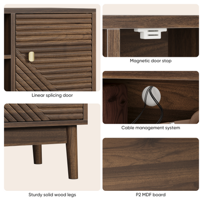 43.31 Inch Walnut Mid-Century Grille Door TV Stand Solid Wood Leg Media Console for 45 Inch TV