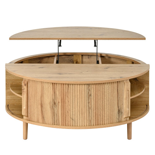 Round Lift Top Coffee Table Storage Sliding Door Pine Wood Legs Modern Wave Grain