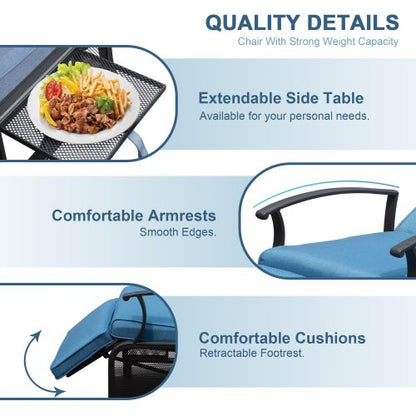 Adjustable Patio Recliner Chair Metal Outdoor Lounge Chair with Flip Table Push Back, Adjustable Angle, Removable Cushions, Support 350lbs, Navy Blue