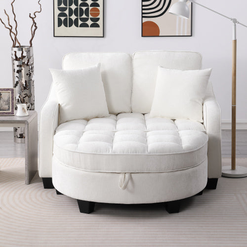 Beige 2-Seater Irregular Curved Sofa Chaise, Storage Footrest, 2 Throw Pillows
