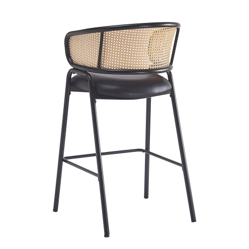 Indoor Metal Upholstered Barstool, Faux Leather Seat With Wowen Rattan Decorated Backrest, Set of 2