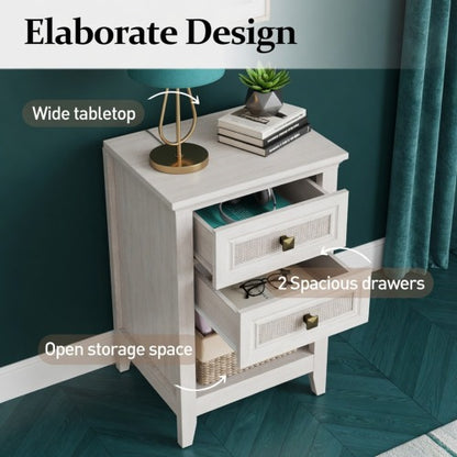 17.7" White Rattan Nightstand - Boho Bedside Table w/ 2 Drawers & Shelf