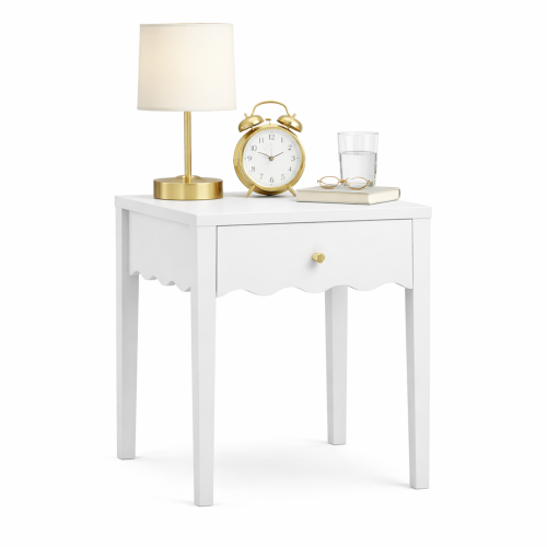 White Nightstand with Drawer, Modern Bedside Table with Wavy Apron Design, Compact End Table for Bedroom Living Room, Small Side Table with Storage