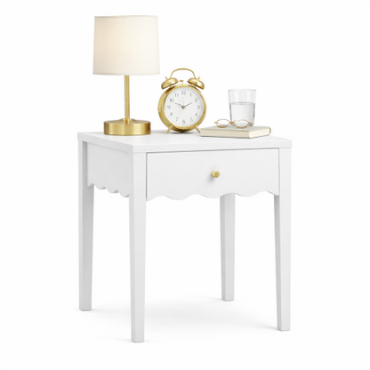 White Nightstand with Drawer, Modern Bedside Table with Wavy Apron Design, Compact End Table for Bedroom Living Room, Small Side Table with Storage