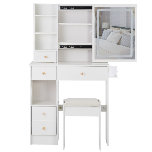 29.2" Small Size Left Drawer Desktop Vanity Table + Cushioned Stool, 2 AC+2 USB Power Station, Hair dryer bracket, Extra Large Touch Control Sliding LED Mirror, Tri-color Switching, Brightness Adjust