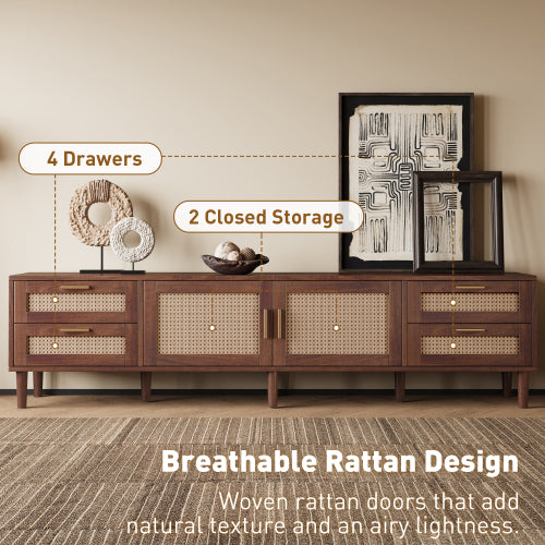 78.7 inch Dark Brown PE Rattan TV Stand 4 Drawers Soft Close Hinges For 85 Inch TV