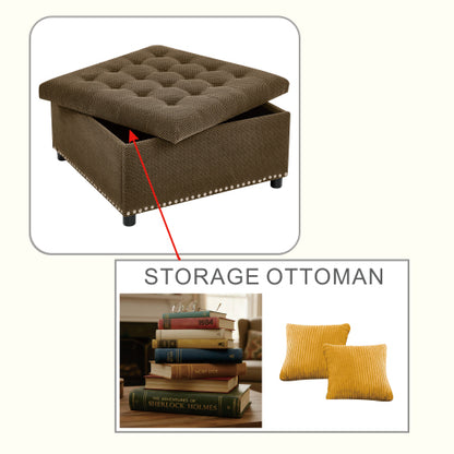 Dark Brown Tufted Square Storage Ottoman with Nailhead Trim, Upholstered Accent Foot Stool
