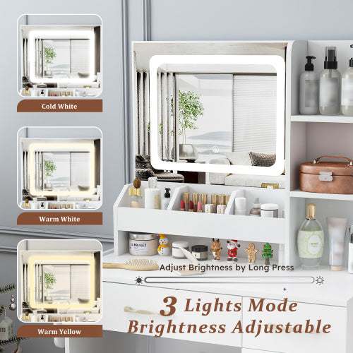 Vanity Desk with LED Mirror Lights and Power Outlet Charging Station, Makeup Dressing Table with 3 Drawers, 7 Shelves and Storage Stool, for Girls and Women (White)
