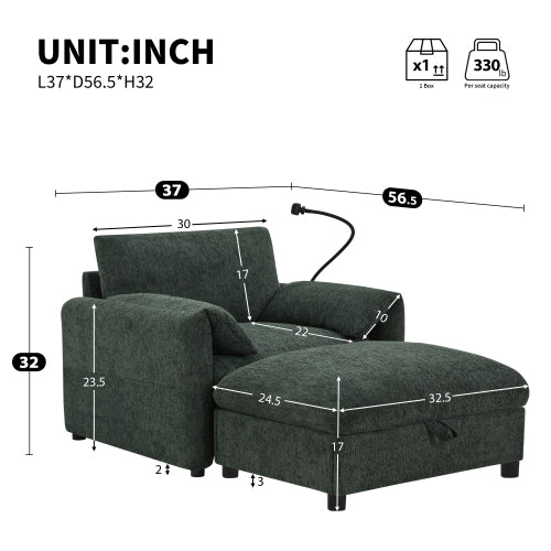 37 inch  Chenille Cloud-Style Single Armchair, Ottoman Storage, USB-C Charging, Phone Holder