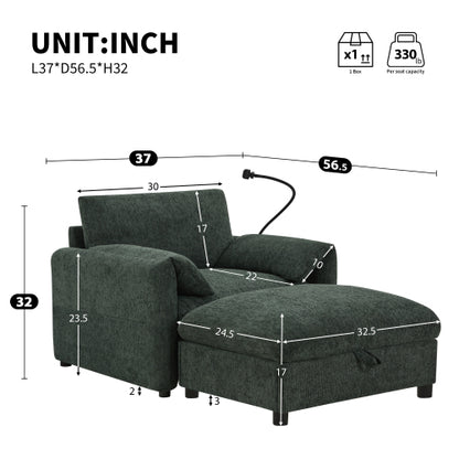 37 inch  Chenille Cloud-Style Single Armchair, Ottoman Storage, USB-C Charging, Phone Holder