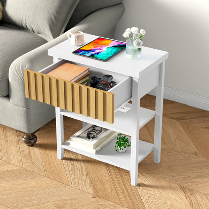 Set of 2 Fluted Nightstands with Charging Station, Farmhouse Side Table with Drawer and Open Shelves